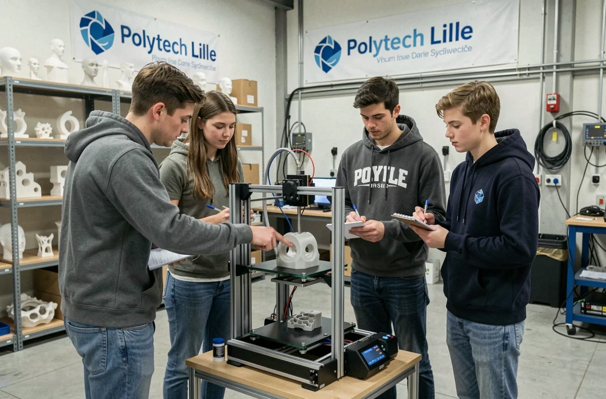 Groupe d'étudiants de Polytech Lille observant une impression 3D en cours dans le fablab de l'école polytechnique de Lille