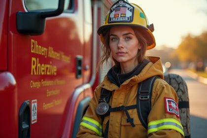 Pompière en tenue complète près d'un camion de pompiers en plein jour