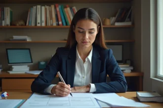 Femme préparant son entretien de naturalisation française en révisant des documents officiels à son bureau