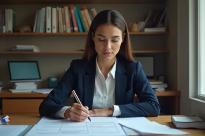 Femme préparant son entretien de naturalisation française en révisant des documents officiels à son bureau