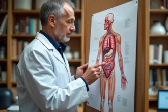 Professeur d'anatomie examinant une coupe longitudinale transversale du torse humain dans un laboratoire universitaire