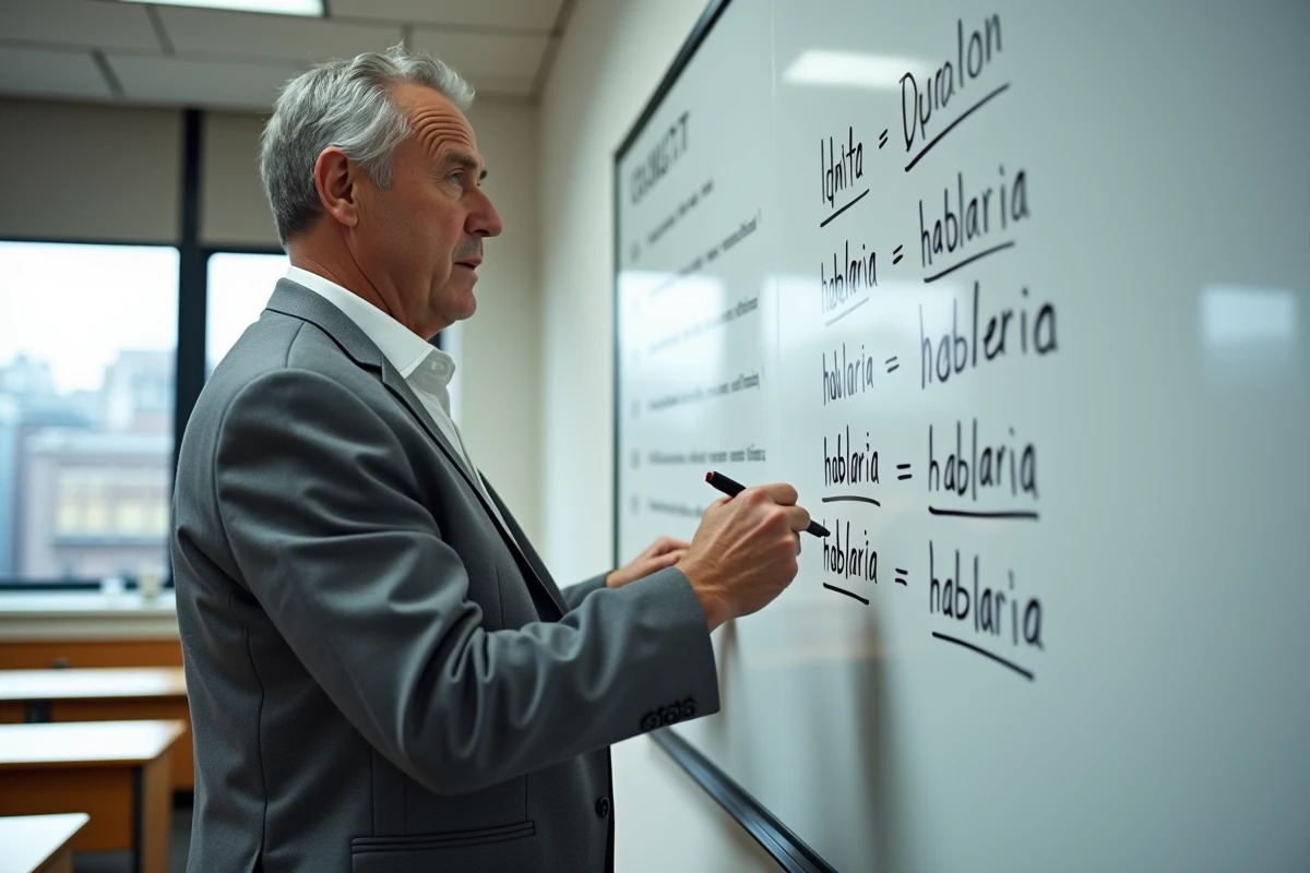 Professeur d'université expliquant les conjugaisons du conditionnel présent espagnol devant un tableau blanc en salle de cours