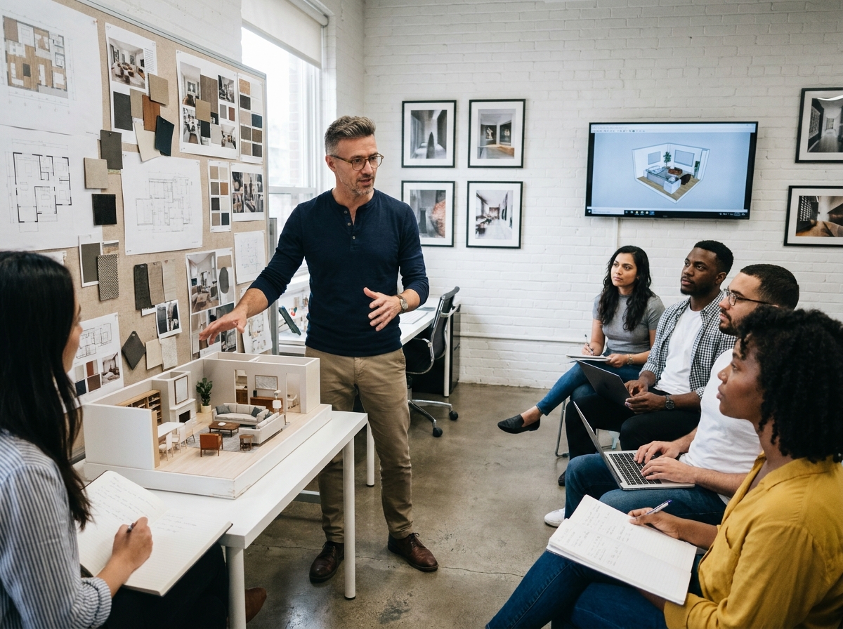 Professeur d'architecture d'intérieur animant une critique de projet devant un tableau de présentation avec des étudiants attentifs