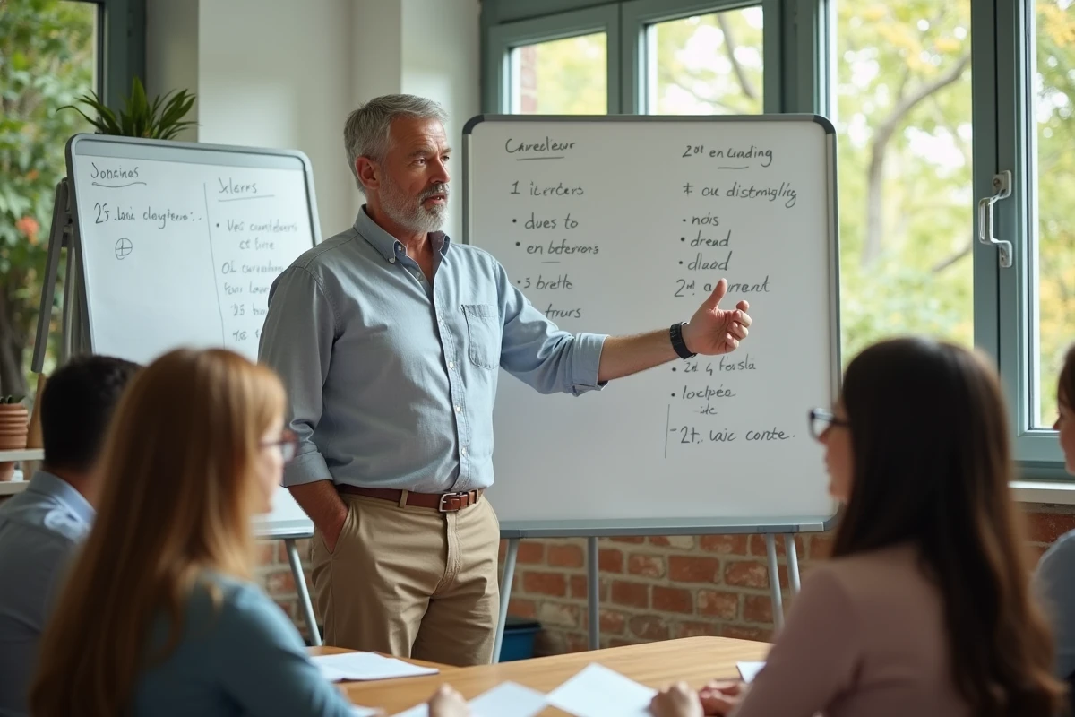 Professeur de français expliquant la conjugaison devant les élèves