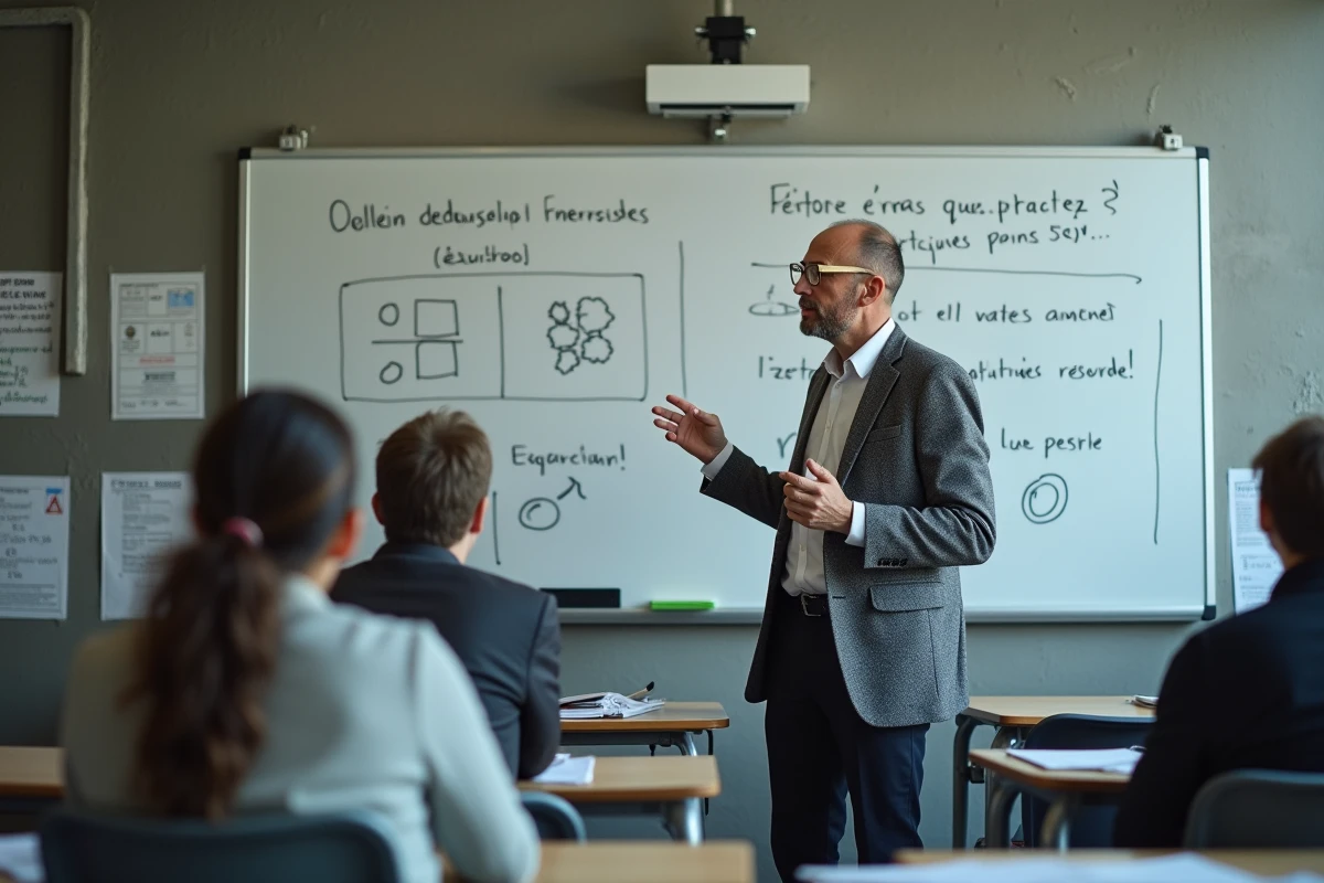 Professeur de philosophie expliquant les implications de la réforme du bac 2026 et du contrôle continu devant un tableau blanc