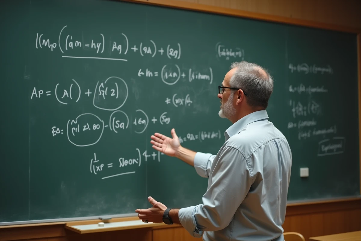 Professeur expliquant devant un tableau noir comment reconnaître dans un énoncé une application de A vers B avec des notations de fonctions