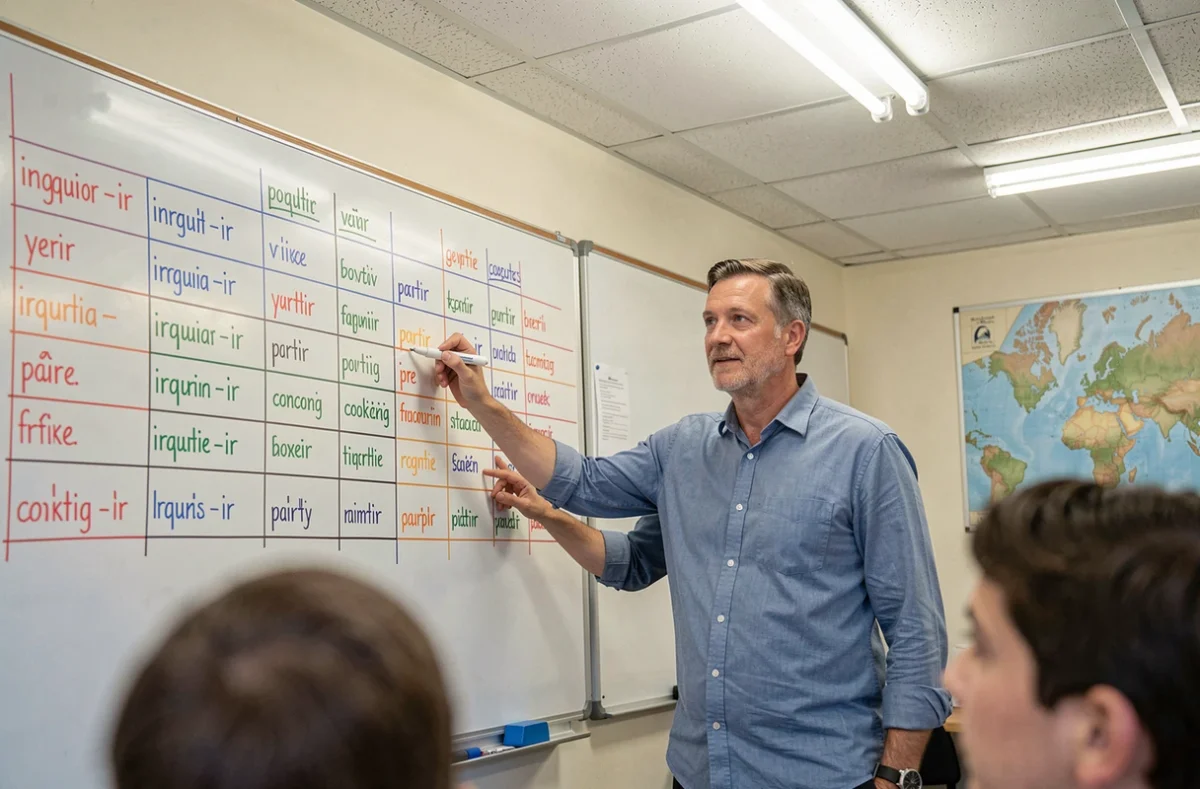 Professeur de français expliquant les verbes irréguliers du troisième groupe au tableau blanc devant une classe de collège