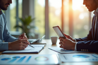 Deux professionnels en finance discutent stratégie financière