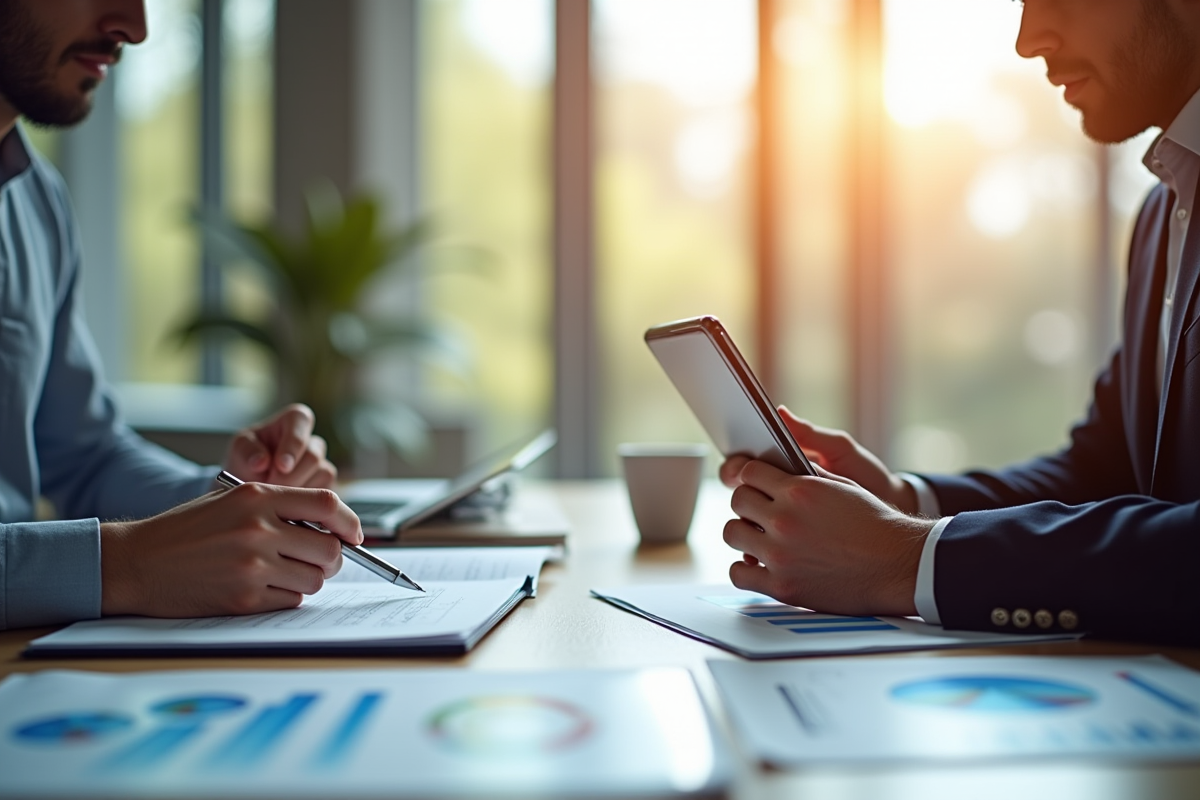Deux professionnels en finance discutent stratégie financière