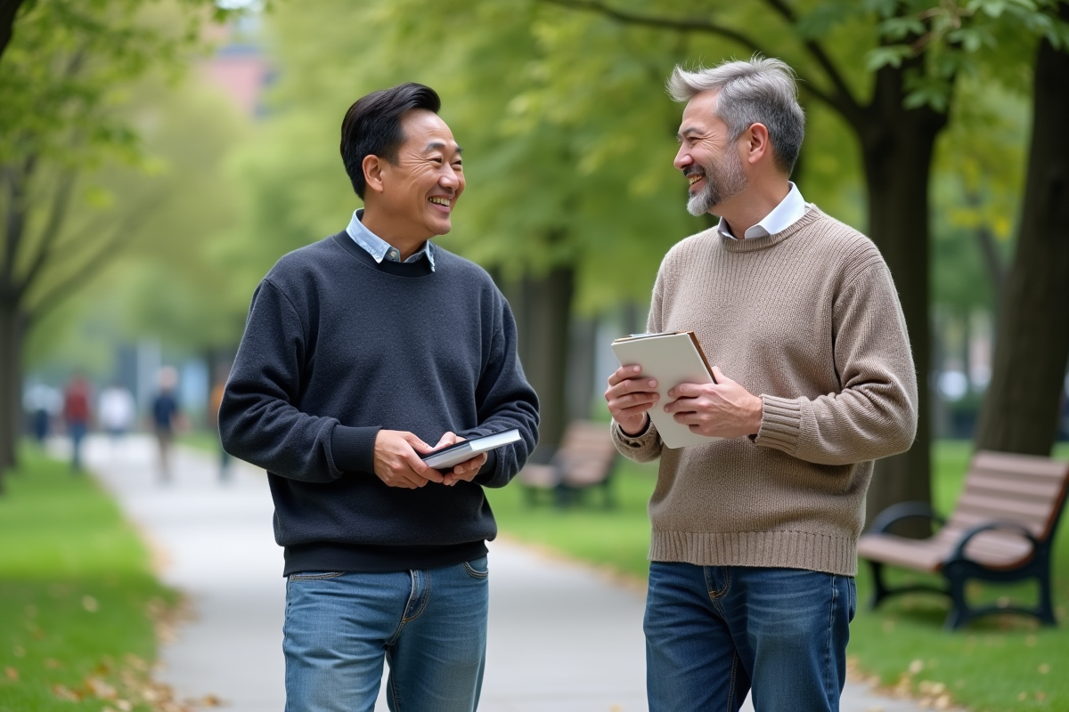 Deux hommes discutent en marchant dans un parc urbain verdoyant