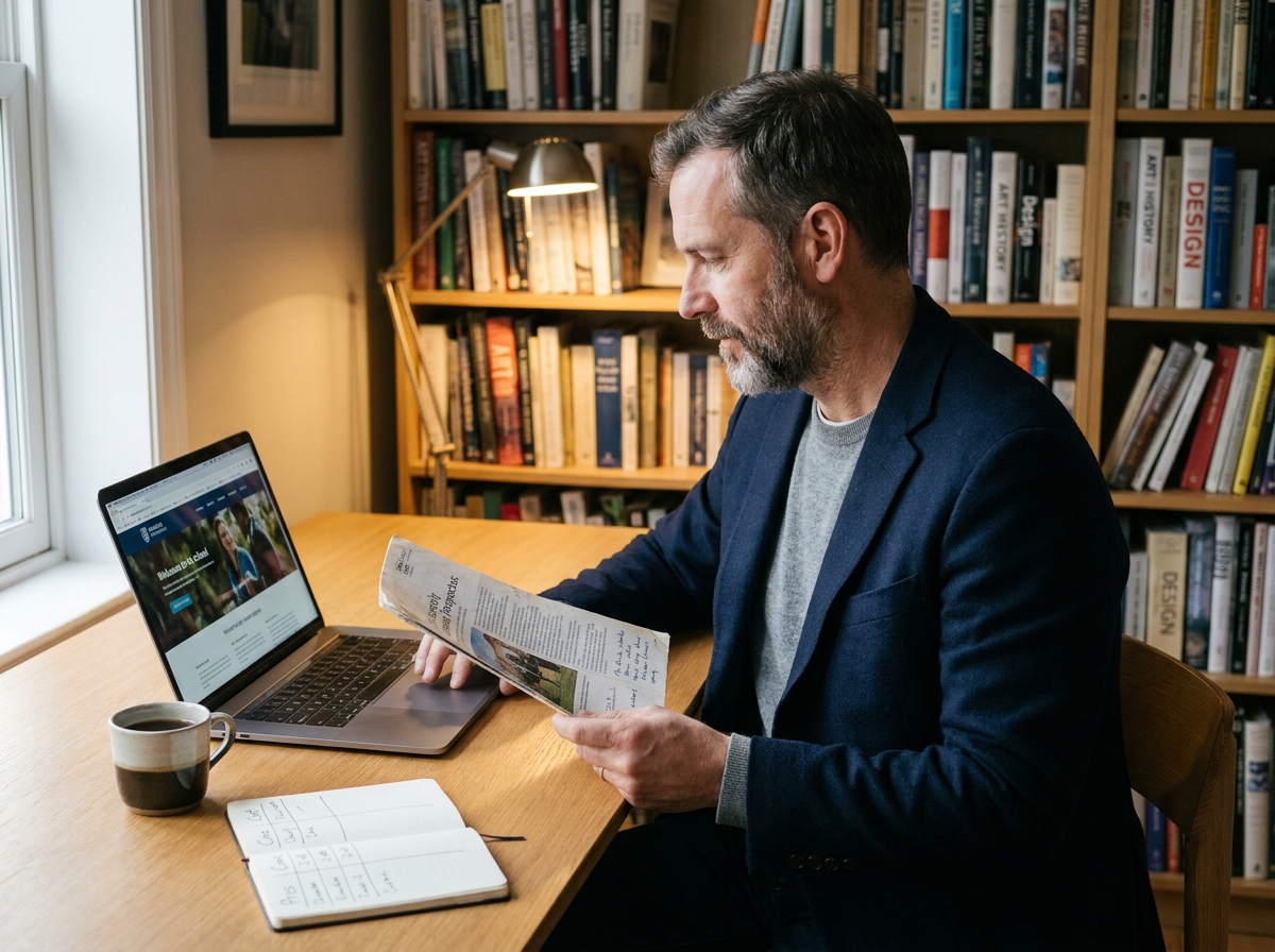 Homme adulte effectuant des recherches sur les écoles d'arts créatifs depuis son bureau à domicile avec ordinateur portable et prospectus annoté