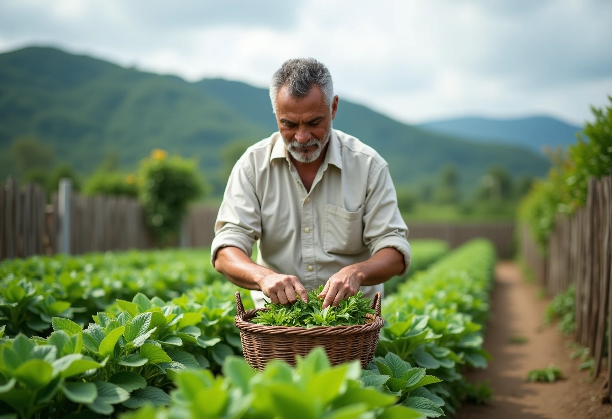 Homme récoltant des herbes médicinales dans un jardin