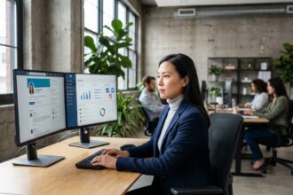 Recruteuse en blazer marine analysant des profils de candidats sur des écrans affichant des interfaces de réseaux sociaux professionnels dans un open-space moderne