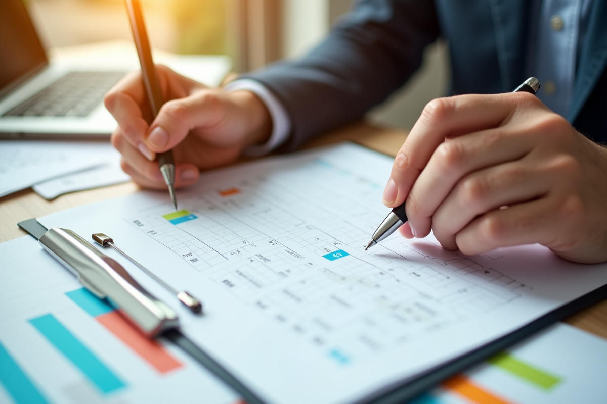 Mains remplissant un formulaire d evaluation ods avec graphiques colorés