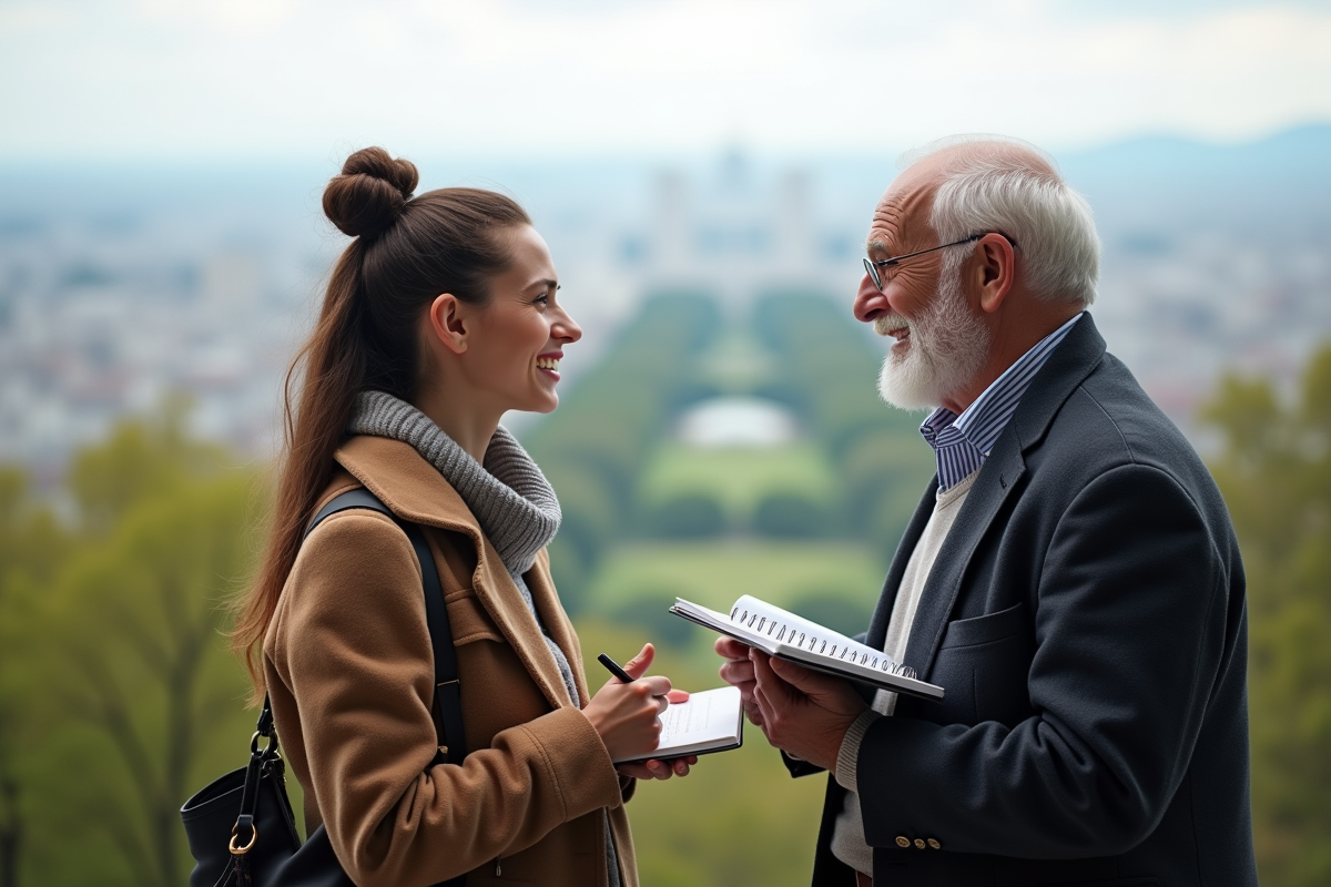 Jeune femme et homme âgé discutant en plein air avec vue sur la ville