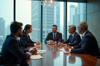 Groupe de dirigeants divers en réunion dans un bureau moderne