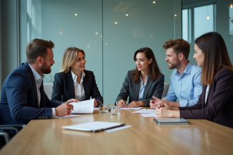 Quatre adultes en réunion de travail dans un bureau moderne