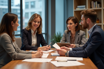 Quatre professionnels en réunion dans un bureau moderne