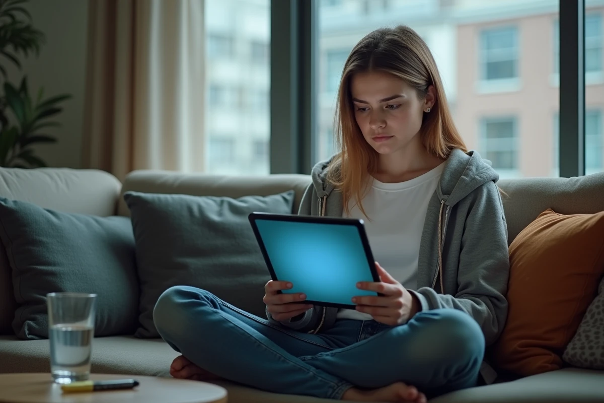 Jeune femme anxieuse révisant le code de la route moto en ligne sur une tablette depuis son canapé