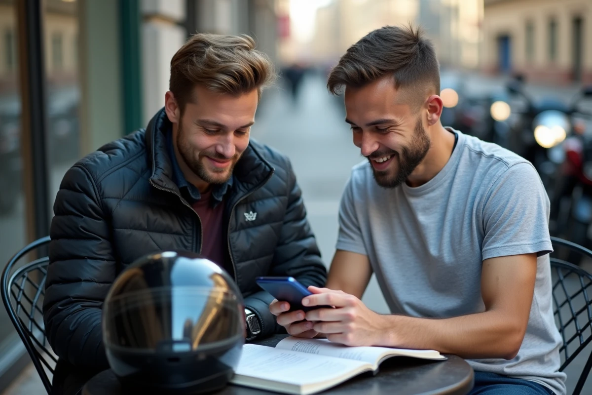 Deux futurs motards révisant ensemble le code de la route moto permis A2 en terrasse de café avec manuel et smartphone