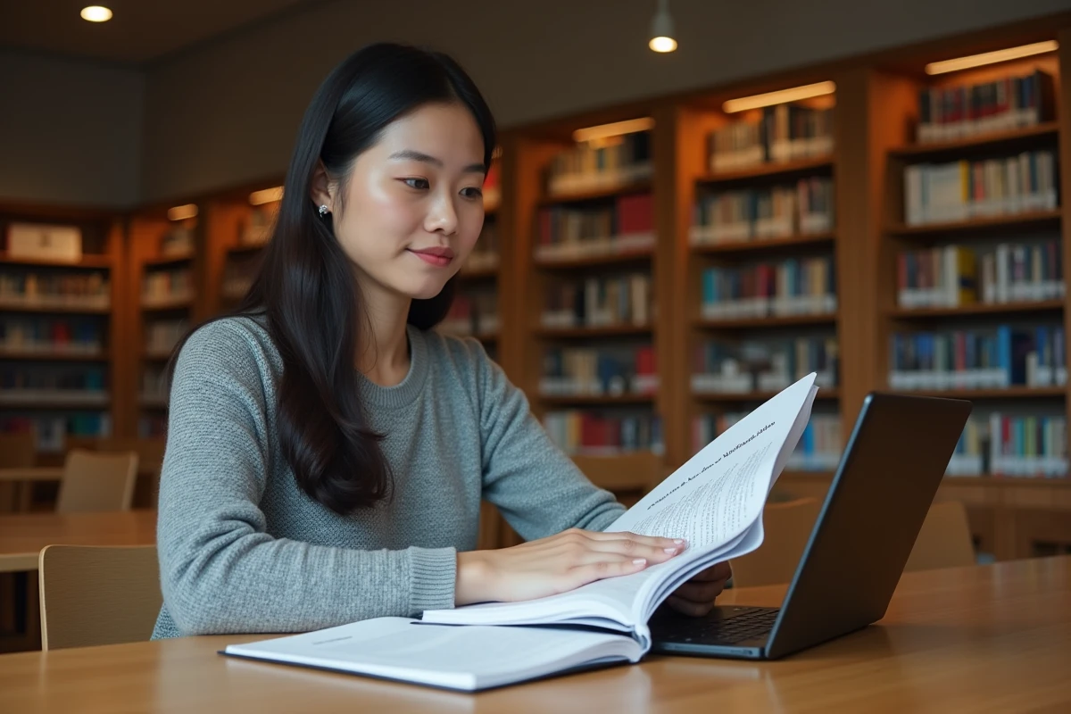 Jeune femme révisant un guide de questions pour la naturalisation française dans une bibliothèque publique