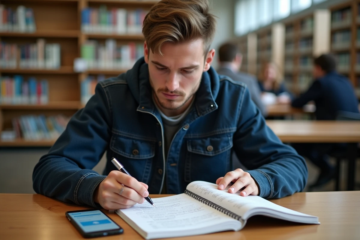 Jeune homme révisant seul les 100 questions du permis de conduire avec le livre du code de la route dans une bibliothèque