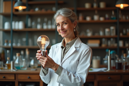Scientifique femme en blouse blanche tenant une lampe ancienne