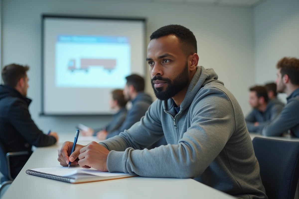 Stagiaire adulte prenant des notes lors d'un cours théorique de formation FIMO en salle de cours