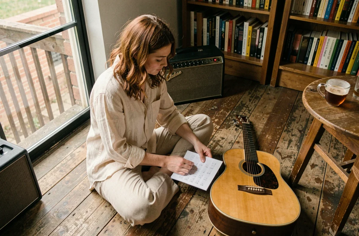 Guitariste étudie une tablature manuscrite de Hallelujah pour guitare solo posée sur un plancher en bois dans un studio maison