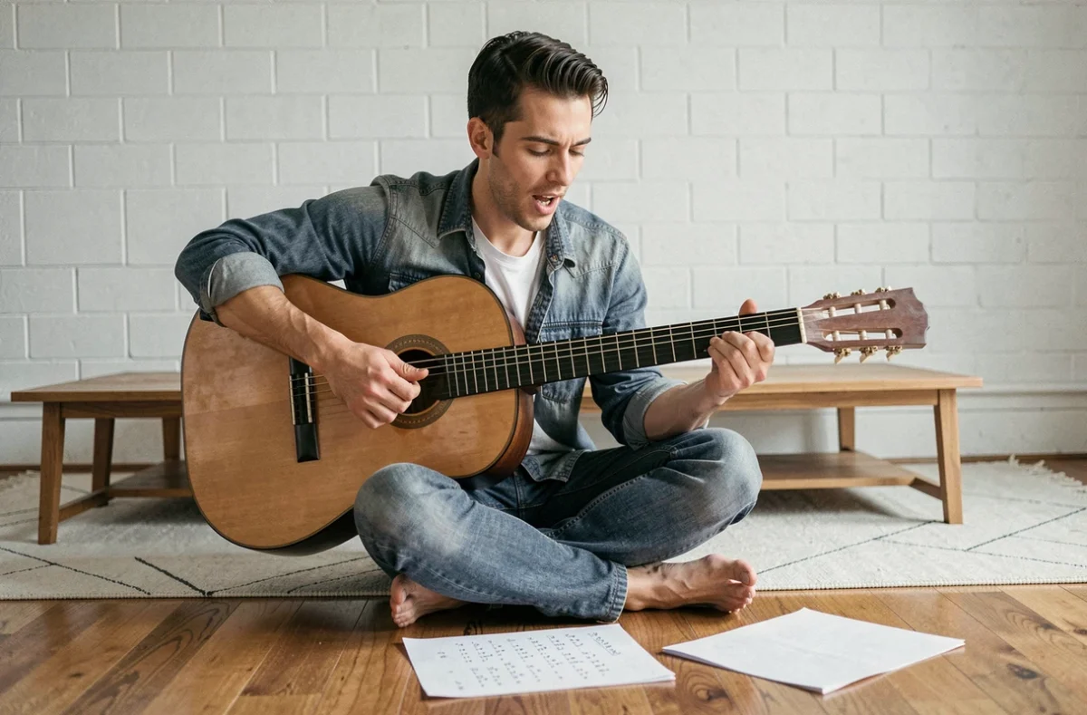 Homme pratiquant les transitions d'accords de guitare Gm D C Bb sur le sol de son salon