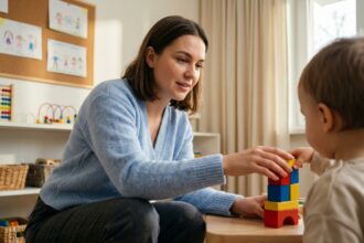 Jeune professionnelle de la petite enfance accompagnant un tout-petit dans une activité d'éveil en crèche