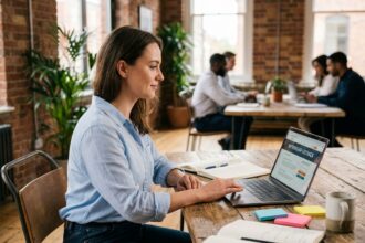 Jeune femme recherchant un stage sur son ordinateur portable dans un espace de coworking moderne