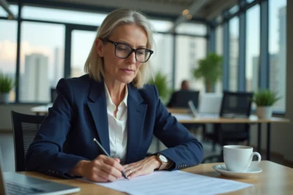 Tutrice professionnelle en entreprise rédigeant une appréciation de stage sur un formulaire imprimé dans un bureau moderne