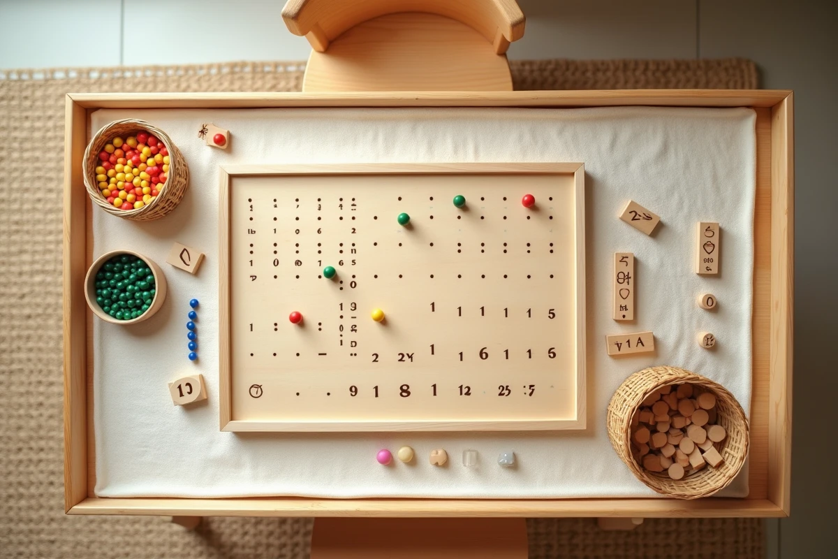 Vue aérienne d'un plateau Montessori avec une table de multiplication interactive en bois, perles colorées et tuiles numérotées sur une table basse