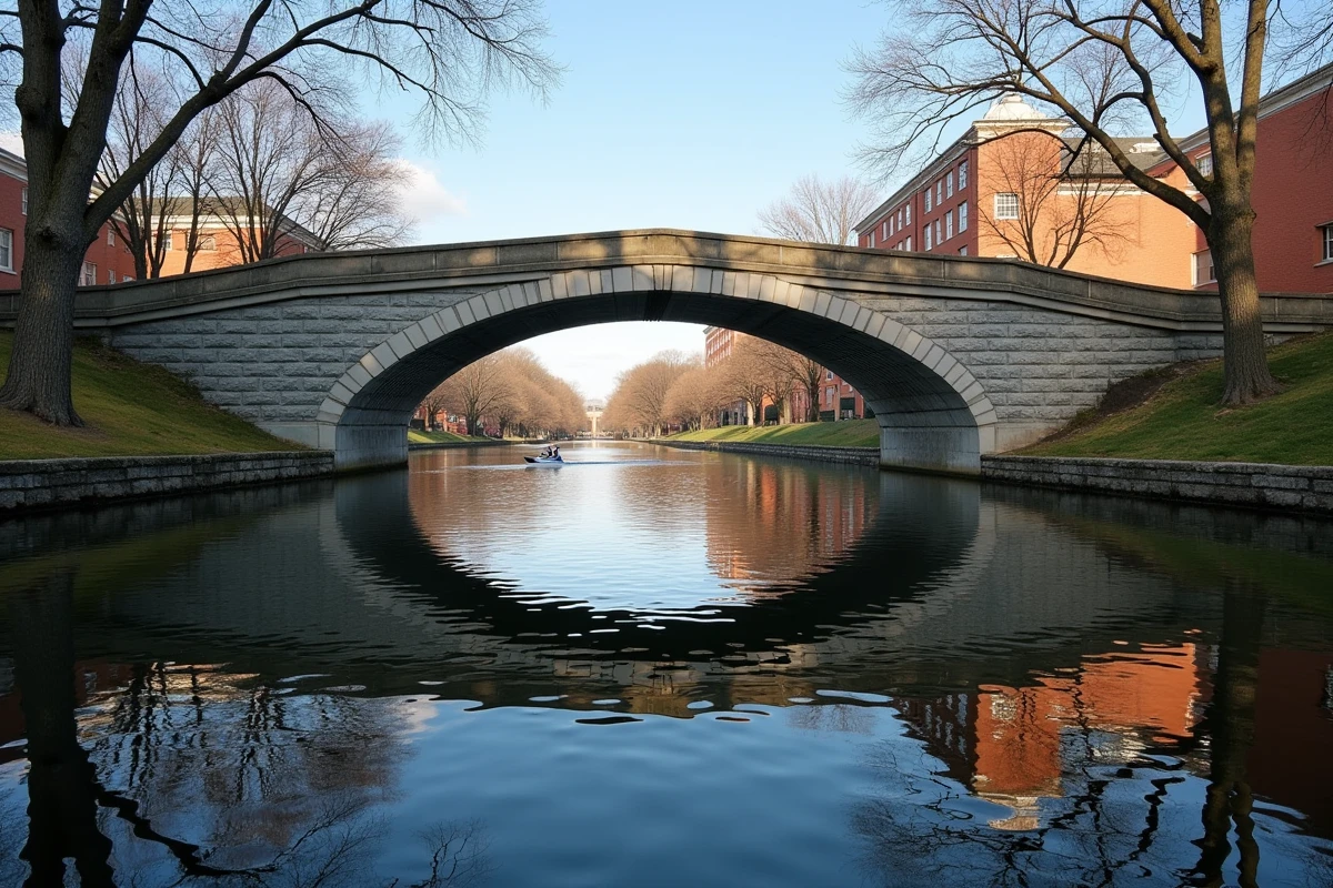 Vue symétrique du Weeks Footbridge à Cambridge reflété dans la Charles River avec une embarcation d'aviron passant sous l'arche